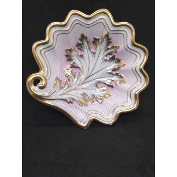 Vtg. APM Shell Dish Gold Leaf Accent 9" Pink White Gold Trim Hollywood Regency - Picture 2 of 8